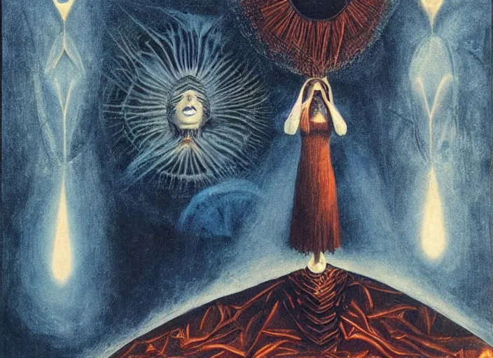 Image similar to a shaman mystic woman spirit holding up the cosmic!! universe, by remedios varo, reflection, symbolist, magic colors, dramatic lighting, smooth, sharp focus, extremely detailed, aesthetically pleasing composition