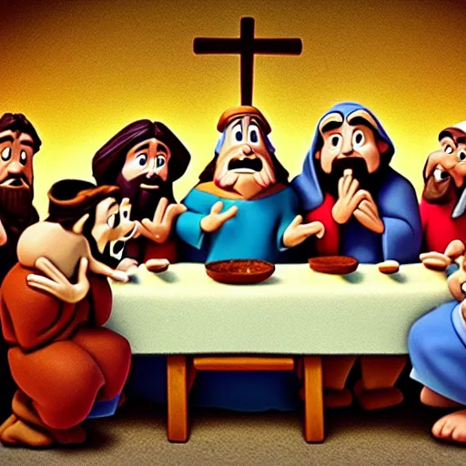 Prompt: the last supper with jesus and the seven dwarfs. pixar style.