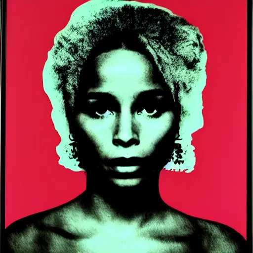 Image similar to screenprint solarized portrait of zoe kravitz by andy warhol