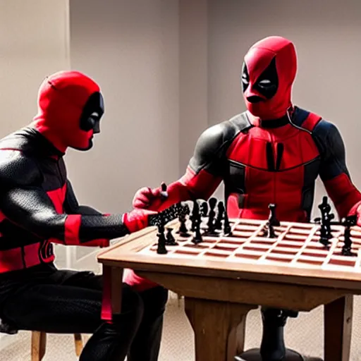 Image similar to daredevil and deadpool sat by a chess table
