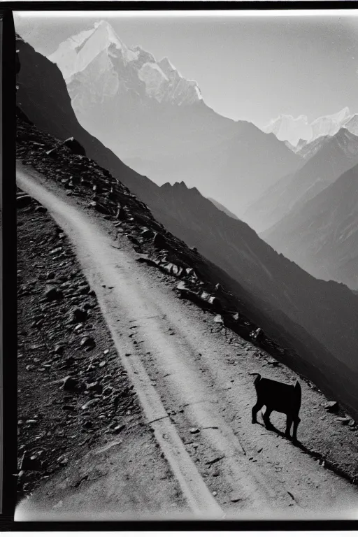 Image similar to photo polaroid of a sad and lonely child in the middle of a mountain road with many tahr on either side , Nepal,Himalayas, loneliness, black and white ,photorealistic, 35mm film,