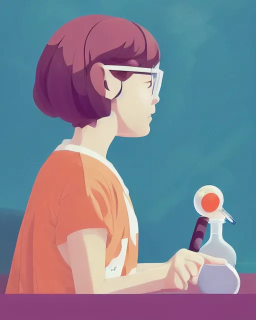 Image similar to a little girl is doing a science experiment. clean cel shaded vector art. minimalist illustration art by lois van baarle, artgerm, helen huang, petros afshar, sachin teng by makoto shinkai and ilya kuvshinov, rossdraws