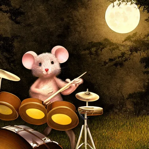 Prompt: mouse playing drums, fantasy forrest background, moonlight, digital art, detailed, medium shoot