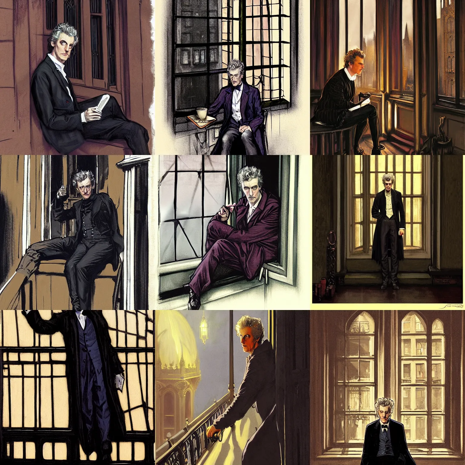 Prompt: character portrait of peter capaldi sitting down on a fire escape drinking coffee in gothic london, gothic, john singer sargent, muted colors, moody colors, illustration, digital illustration, amazing values, art by j. c. leyendecker, joseph christian leyendecker, william - adolphe bouguerea, graphic style, dramatic lighting, gothic lighting