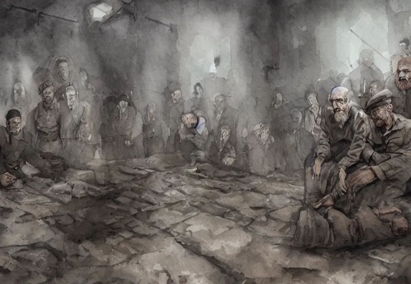 Image similar to jewish prisoners in auschwitz, dark fantasy, watercolor, dreaming illusion, highly detailed, 4 k, trending on artstation, award - winning