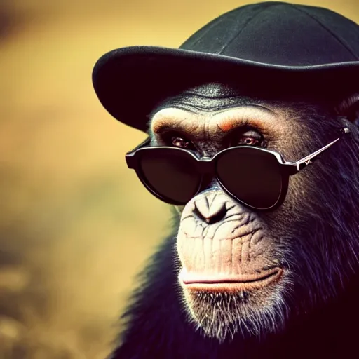 Prompt: high quality 8 k landscape photo of a smiling and arrogantly wise looking retro chimpanzee wearing cool dark sunglasses, highly detailed, cinematic composition, cinematic lighting, 1 9 8 0 s retro hippie vintage hipster art