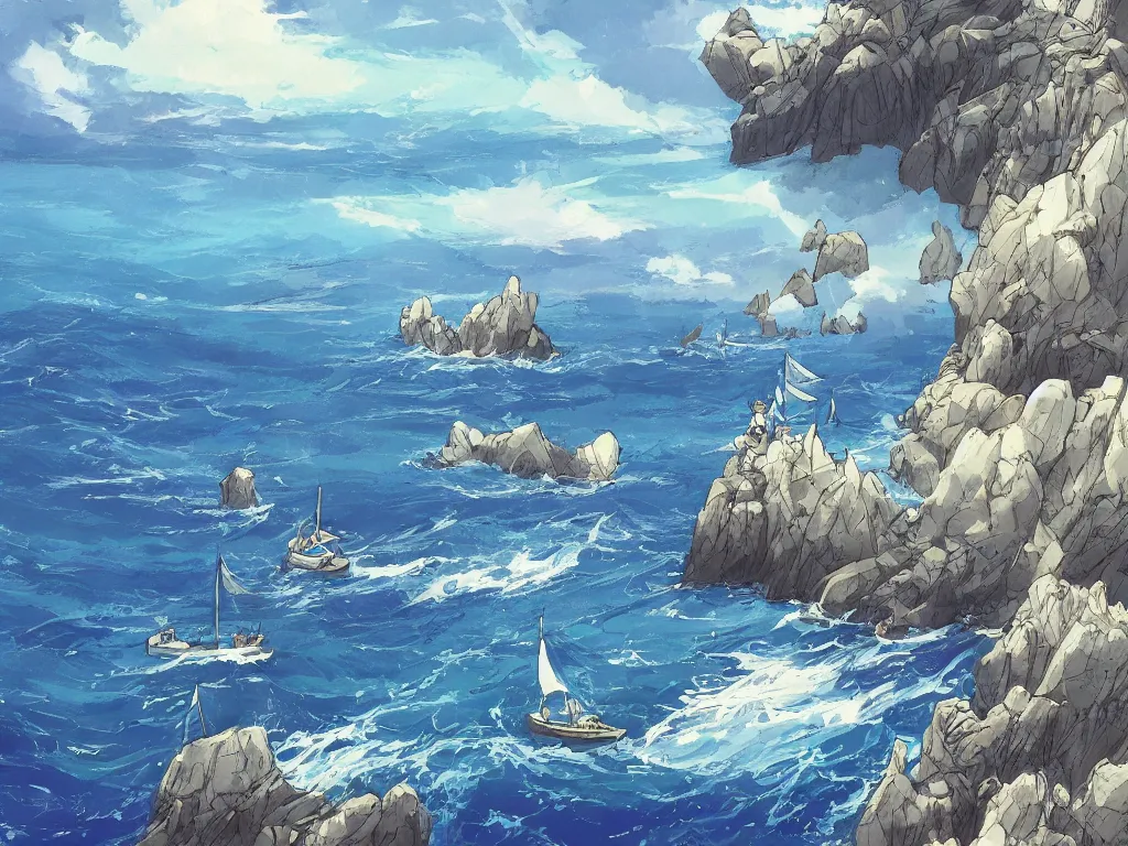 Image similar to sharp focus, breath taking beautiful, Aesthetically pleasing, gouache sea and boats, digital concept art background by Hayao Miyazaki and Studio Ghibli, fine art, official media, high definition, illustration, ambient lighting, HDR, HD, UHD, 4K, 8K, cinematic, high quality scan, award winning, trending, featured, masterful, dynamic, energetic, lively, elegant, intricate, complex, highly detailed, Richly textured, Rich vivid Color, masterpiece.