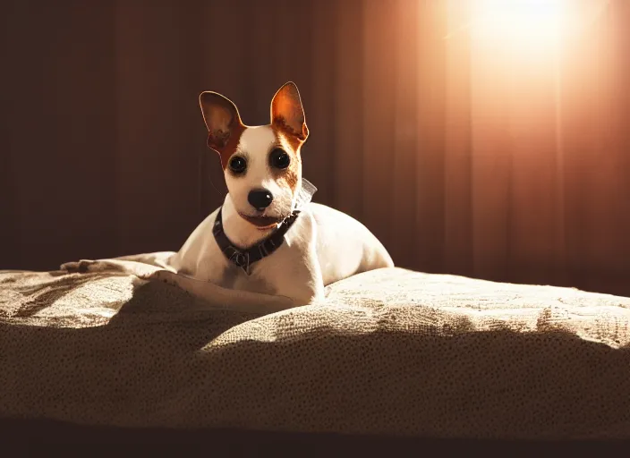 Image similar to photography of a Jack Russel . watching outside the window. on a bed. in a vintage room full of vinyls and posters.,volumetric light, photorealistic,, award winning photo, 100mm, sharp, high res