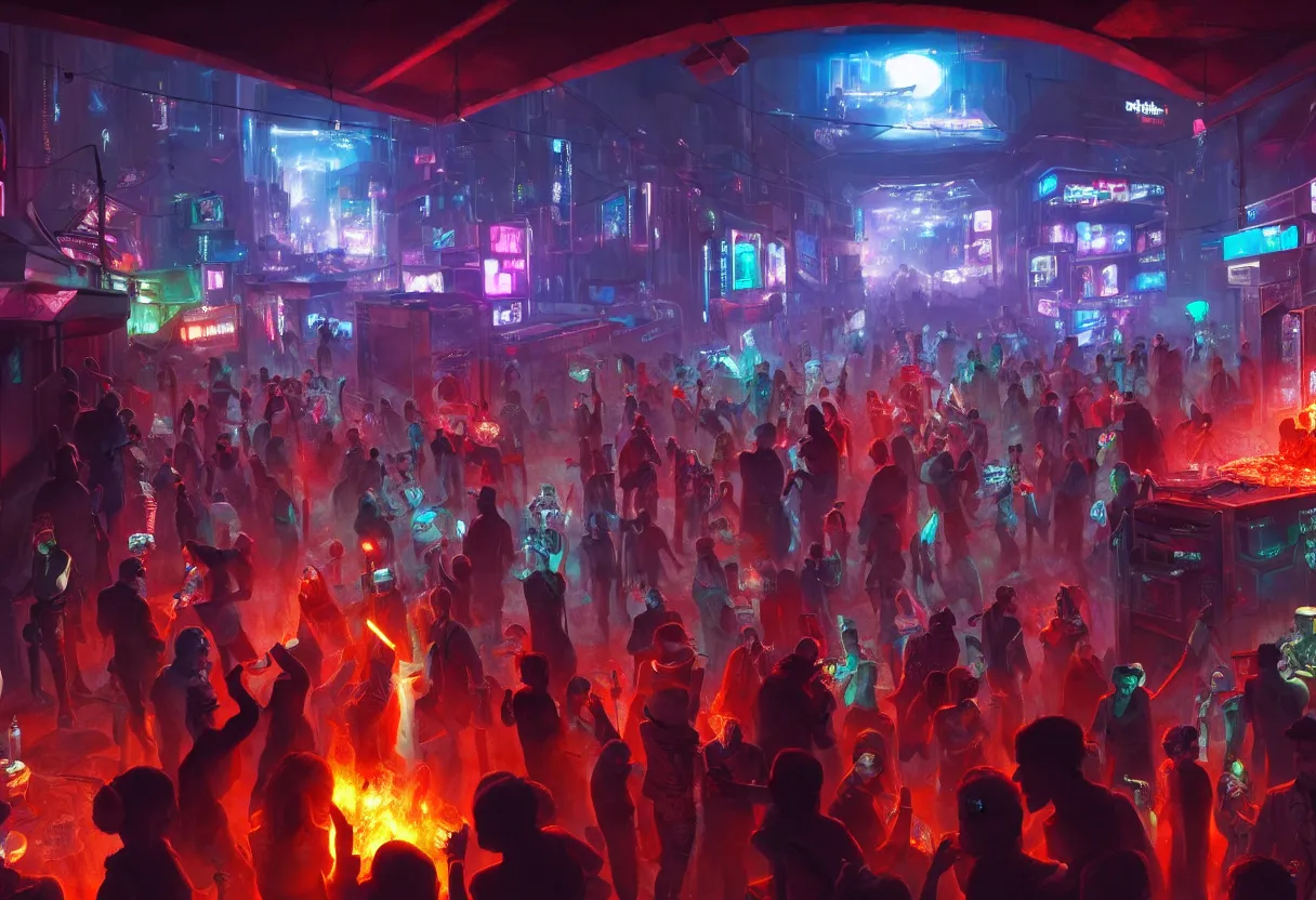 Image similar to a party in monmatre while a scifi and cyberpunk paris is melting down, art noveau, 4 k, high quality, sharp focus, ultra high definition, ultra detailed