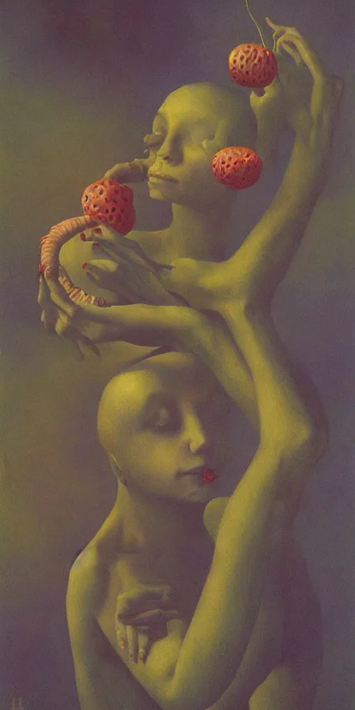 Image similar to She Eats of the Strangling Fruit and Her polyp blossoms bring iridescent fungal flowers whose spores black the foolish stars Edward Hopper and James Gilleard, Zdzislaw Beksinski, Mark Ryden, Wolfgang Lettl highly detailed