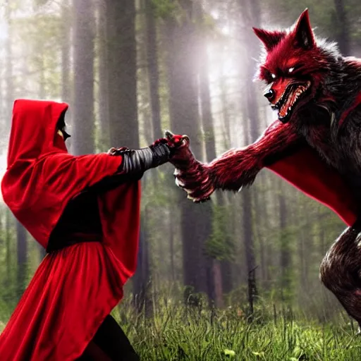 Prompt: red riding hood warrior fending off a werewolf