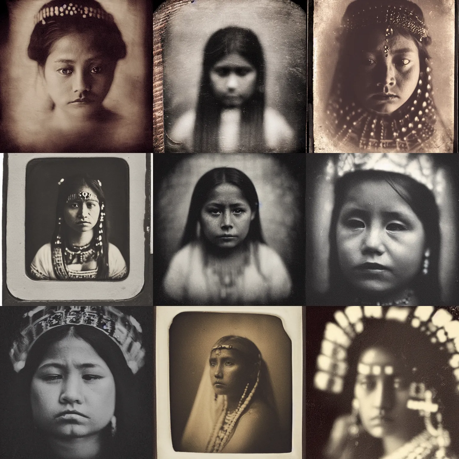 Prompt: a tintype photo of a mourning mayan princess, deep focus, closeup, dramatic lighting, monochrome, instagram, trending, photograph, film grain and noise, vignette, post-production
