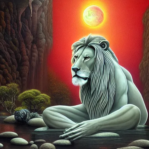 Prompt: an anthromorphic lion meditating in a zen garden with a waterfall under the blood moon, by Adi granov and afarin sajedi and amanda sage and evgeni gordiets and Agostino Arrivabene and adonna khare in a psychedelic portrait style, ultrarealistic matte painting, volumetric lighting, fractal, extremely symmetrical, highly detailed face, orisha, 8k, hd