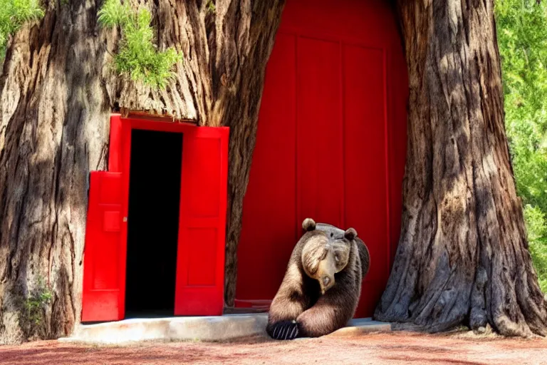 Image similar to grizzly wearing a red shirt sitting outside big sequoia tree with a red door by Roger Deakins