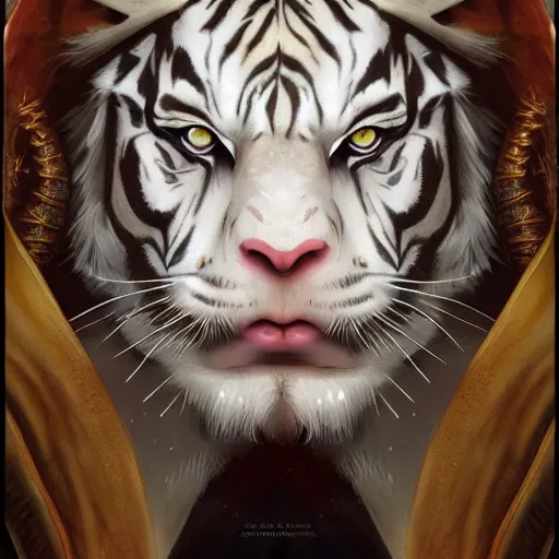 Prompt: A beautiful digital painting of a white bengal tiger man, sorcerer, D&D, fantasy, intricate, cinematic lighting, highly detailed, digital painting, Artstation, concept art, smooth, sharp focus, illustration, art by Artgerm and Greg Rutkowski, Alphonse Mucha and charlie bowater