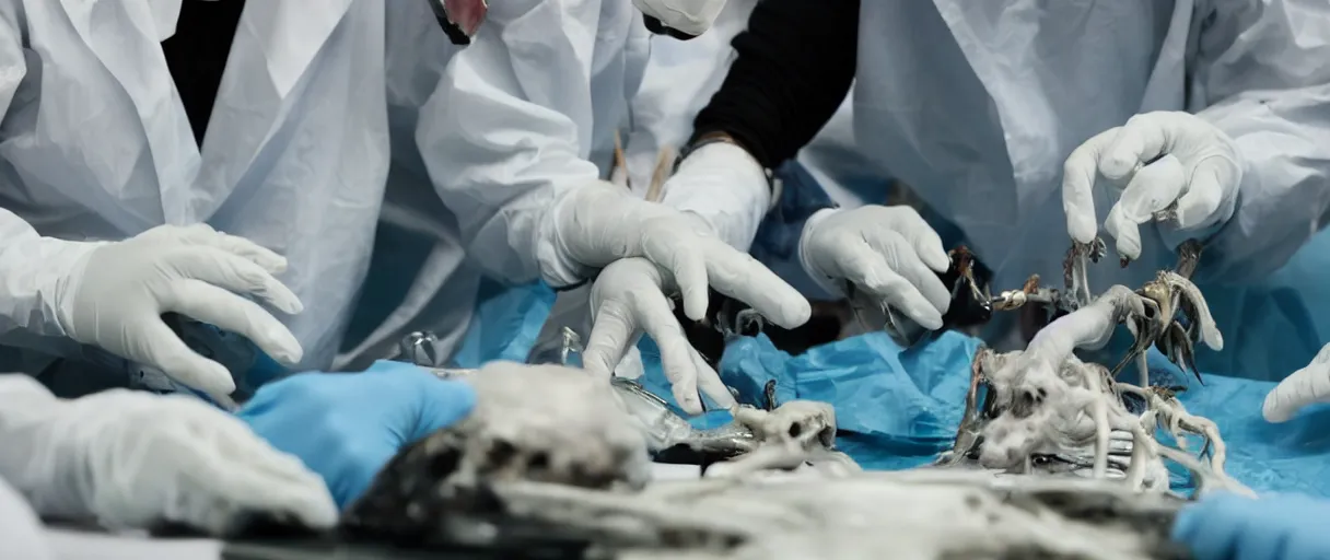 Image similar to filmic dutch angle extreme closeup movie still 4 k uhd 3 5 mm film color photograph of hands wearing surgical gloves dissecting a deceased mysterious grotesque alien specimen in a lab