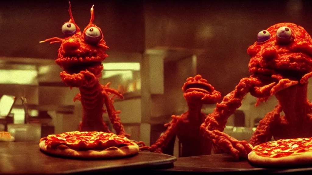 Image similar to the strange pizza creature at the fast food place, film still from the movie directed by denis villeneuve and david cronenberg with art direction by salvador dali and zdzisław beksinski, wide lens