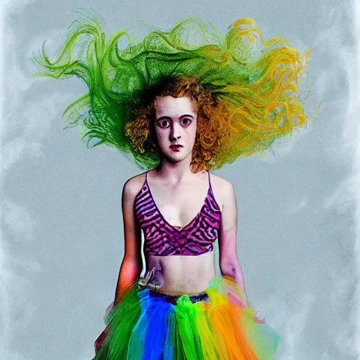 Image similar to surrealism psychedelic portrait sketch of julia garner as delirium of the endless in fishnet top and rainbow tutu skirt from the sandman, floating goldfish, green and blue eye heterochromia by alex ross, josh kirby, detailed, elegant, intricate