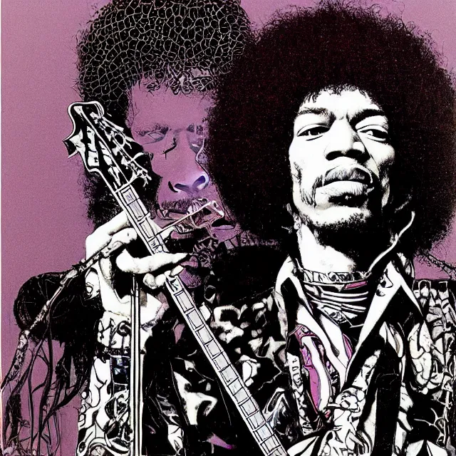 Image similar to a portrait of jimi hendrix with voodoo electronics by moebius