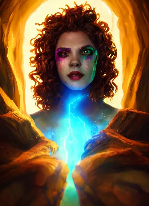 Image similar to an epic fantasy comic book style portrait painting of a girl wearing colorful makeup with a smile and curly brown hair stepping out of a doorway with light shining behind her, unreal 5, daz, hyperrealistic, octane render, cosplay, rpg portrait, dynamic lighting