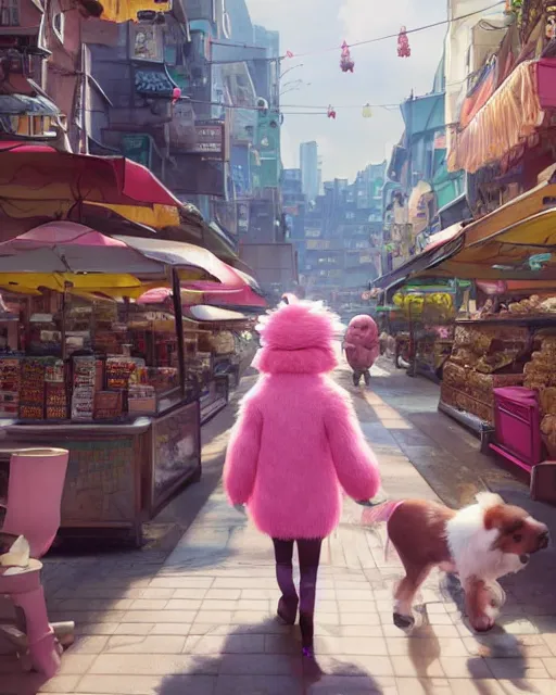 Image similar to a tiny dog with pink fur walking through a crowded street filled with bodegas and food vendors, kids playing checkers, Anime. Soft lighting, 8K, octane render. By Makoto Shinkai, Stanley Artgerm Lau, WLOP, Rossdraws, James Jean, Andrei Riabovitchev, Marc Simonetti, krenz cushart, Sakimichan, D&D trending on ArtStation, digital art.