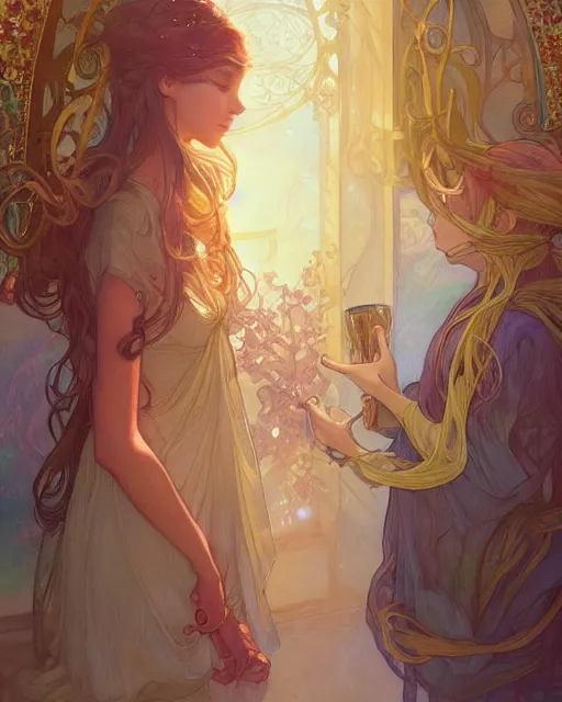 Prompt: secret romance, highly detailed, gold filigree, romantic storybook fantasy, soft cinematic lighting, award, disney concept art watercolor illustration by mandy jurgens and alphonse mucha and alena aenami, pastel color palette, featured on artstation