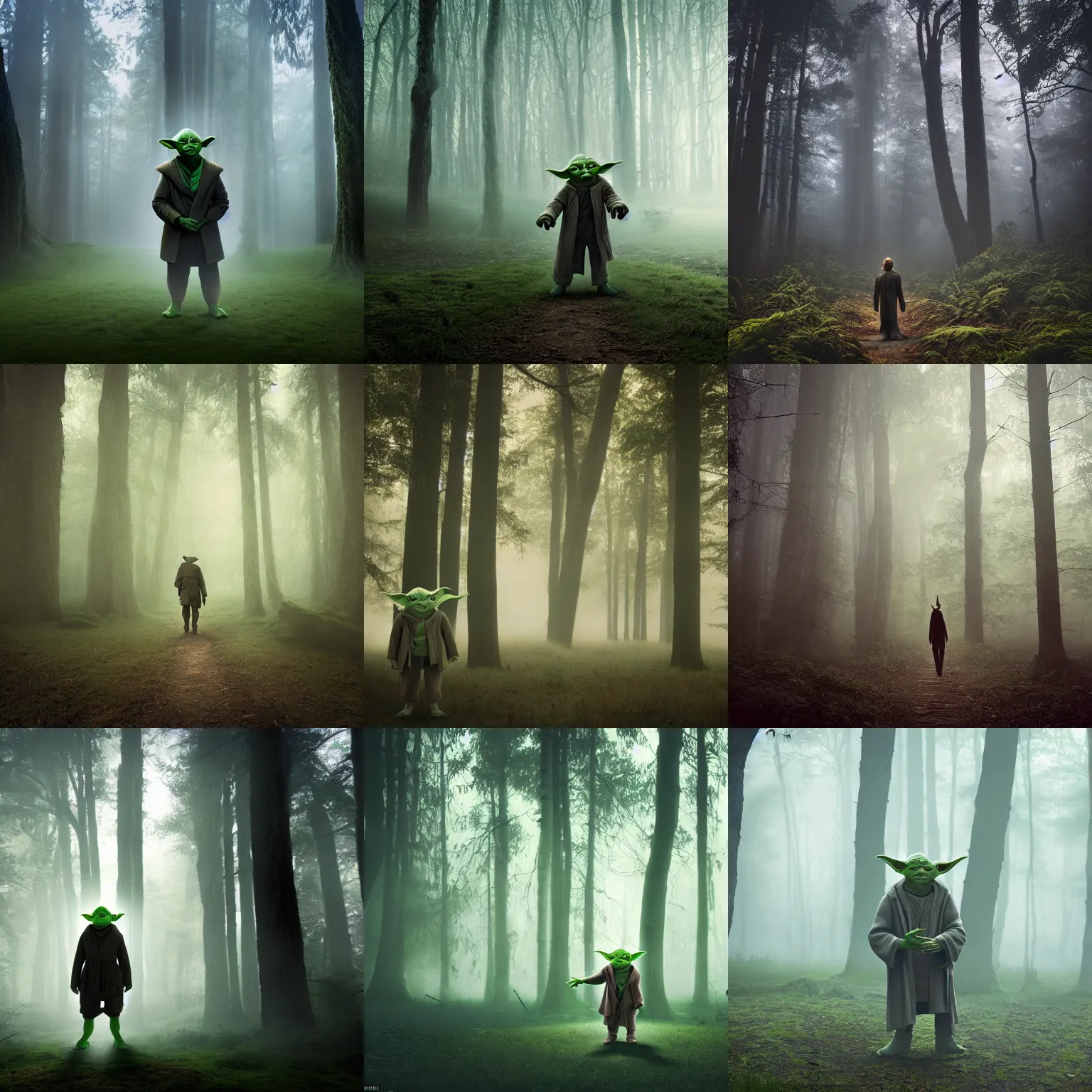 Prompt: yoda with very long arms and legs standing in a forest with fog, realism, moody lighting, extreme long shot