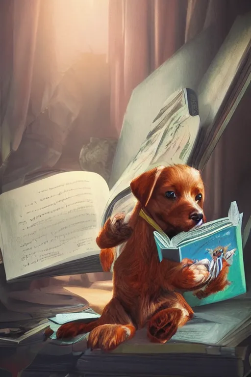 Image similar to well-dressed humanoid dog reading a book, vivid colors, high details, cinematic, 8k resolution, beautiful detailed, photorealistic, digital painting, artstation, concept art, smooth, sharp focus, illustration, fantasy background, artstation trending, octane render, unreal engine