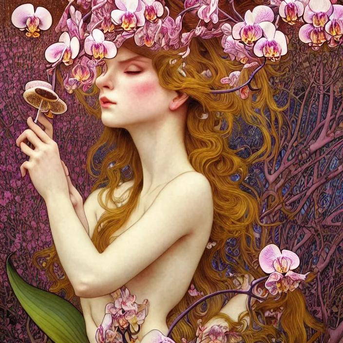 Image similar to psychedelic animal, orchid, cherry blossom tree, mushrooms, diffuse lighting, fantasy, intricate, elegant, highly detailed, lifelike, photorealistic, digital painting, artstation, illustration, concept art, smooth, sharp focus, art by John Collier and Albert Aublet and Krenz Cushart and Artem Demura and Alphonse Mucha and Giuseppe Arcimboldo