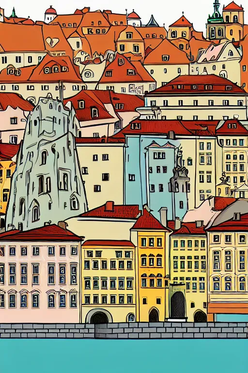 Prompt: prague, illustration, in the style of katinka reinke