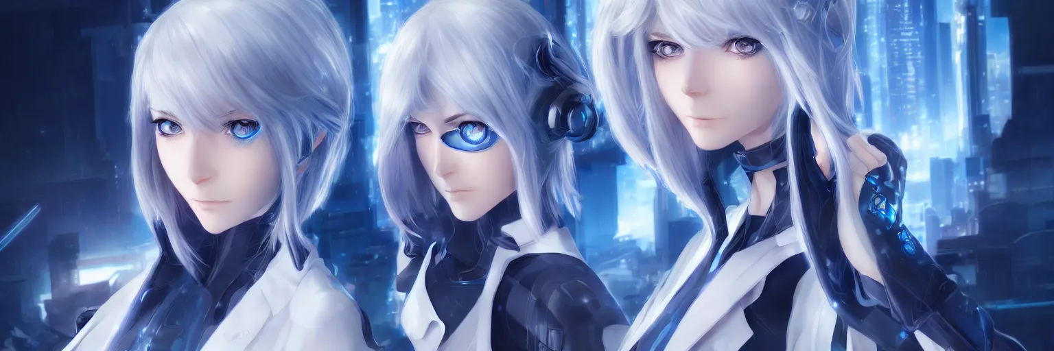 Image similar to high school girl shattered dimensions, futuristic, medieval, cyberpunk, azure blue eyes, silver hair, digital anime art, wlop, sakimimichan, ilya kuvshinov, artgerm