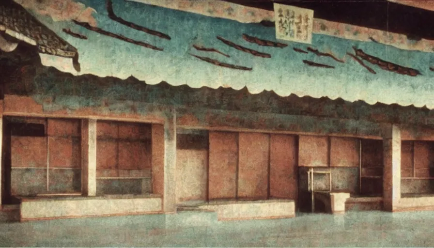 Image similar to 70s movie still of empty north-korean restaurant palace with propaganda fresco, eastmancolor, heavy grain, high quality, higly detailed