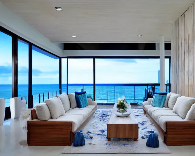 Image similar to A modern living room in a ocean hues style next to a big terrace overlooking the ocean, sea shells on top of a luxurious wooden coffee table in the center, inspired by the ocean, calm, relaxed style, harmony, wide angle shot, 8k resolution, ultra detailed