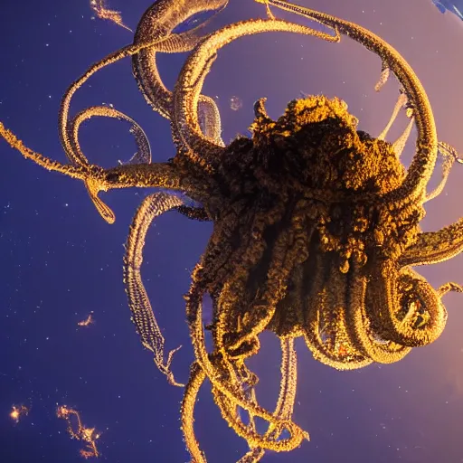 Prompt: stunning photo of a kraken seen outside the window of the ISS, beautiful ambient light, golden hour, 85mm f1.8