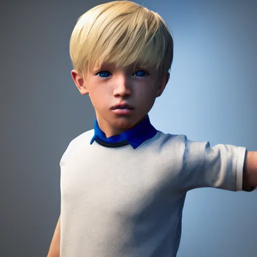 Prompt: a detailed full body of boy with blonde hair and blue eyes, unreal engine 5 rendered, incredibly highly detailed and realistic, 8 k, sharp focus, studio quality