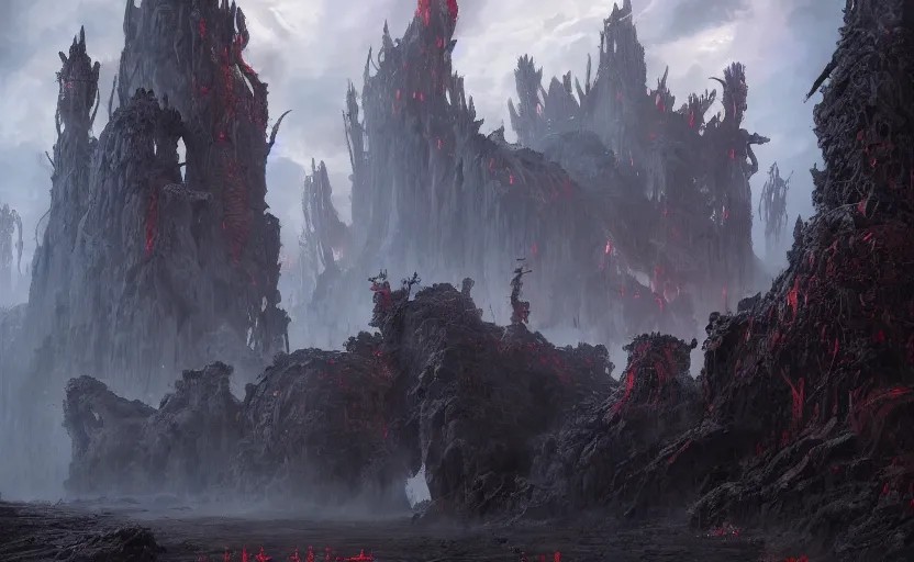 Image similar to Ruins of hell, an ominous fantasy illustration, dramatic matte painting by Wayne Barlowe and Fenghua Zhong, featured in artstation, octane render, cinematic, elegant, intricate, 8k, fine dust