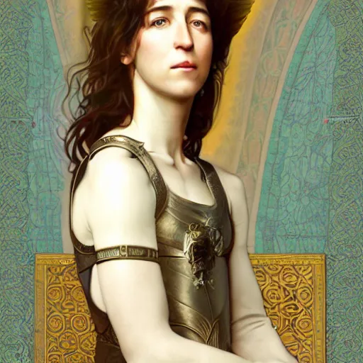 Image similar to portrait of charlotte gainsbourg as joan of arc, hyperreal digital painting, iconography influenced by alphonse mucha and eugene delacroix, arstation and deviantart trends, high resolution 8 k