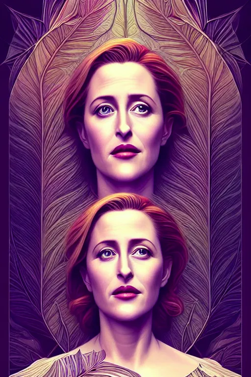 Image similar to young gillian anderson portrait, art deco, fantasy, intricate art deco leaf designs, elegant, highly detailed fractals, sharp focus, art by artgerm and beeple and greg rutkowski and wlop