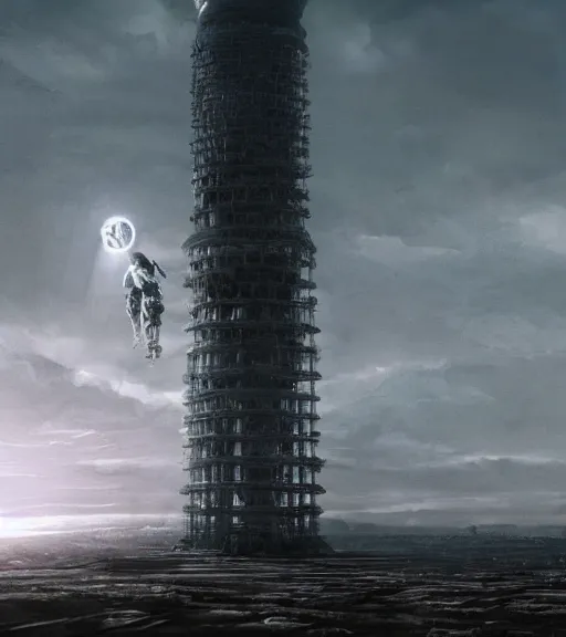 Image similar to tarkovsky greatest scene stalker movie, ethereal ancient destroyed majestic tower of babylon, woman in a futuristic cyber clothing, transparent puffer jacket, hyperrealistic, blockchain, cyber world, ambient lighting, concept art, intricate sky, hyper - detailed, smooth, dynamic volumetric lighting, octane, ray tracing, cinematic, high quality, cgsociety