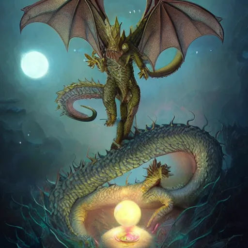 Image similar to a hyperrealistic illustration of a cute and tiny dragon that glows in the dark, dragon baby, glow in the dark, fractal moonlight, little dragon with glowing scales, award - winning, masterpiece, in the style of tom bagshaw, cedric peyravernay, peter mohrbacher