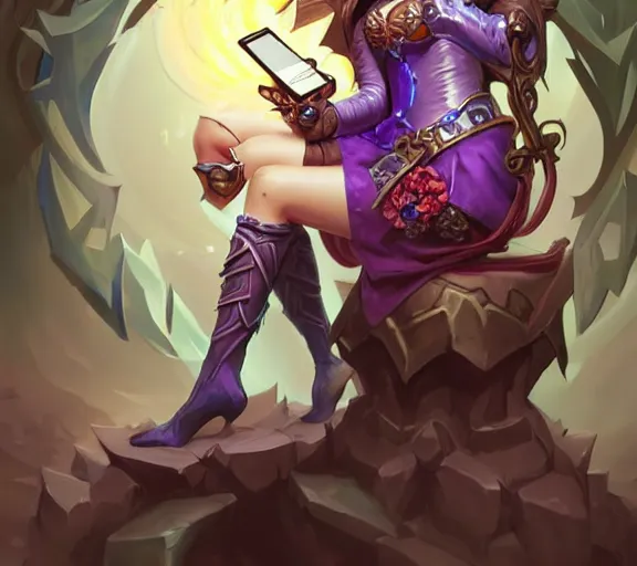 Image similar to bored woman checking her phone phone, fantasy, whimsical, horror, dungeons and dragons, league of legends splash art, heroes of the storm splash art, hearthstone splash art, world of warcraft splash art, overwatch splash art, art by artgerm, art by alphonse mucha, intricately detailed, highly detailed, trending on artstation, 4 k, wallpaper