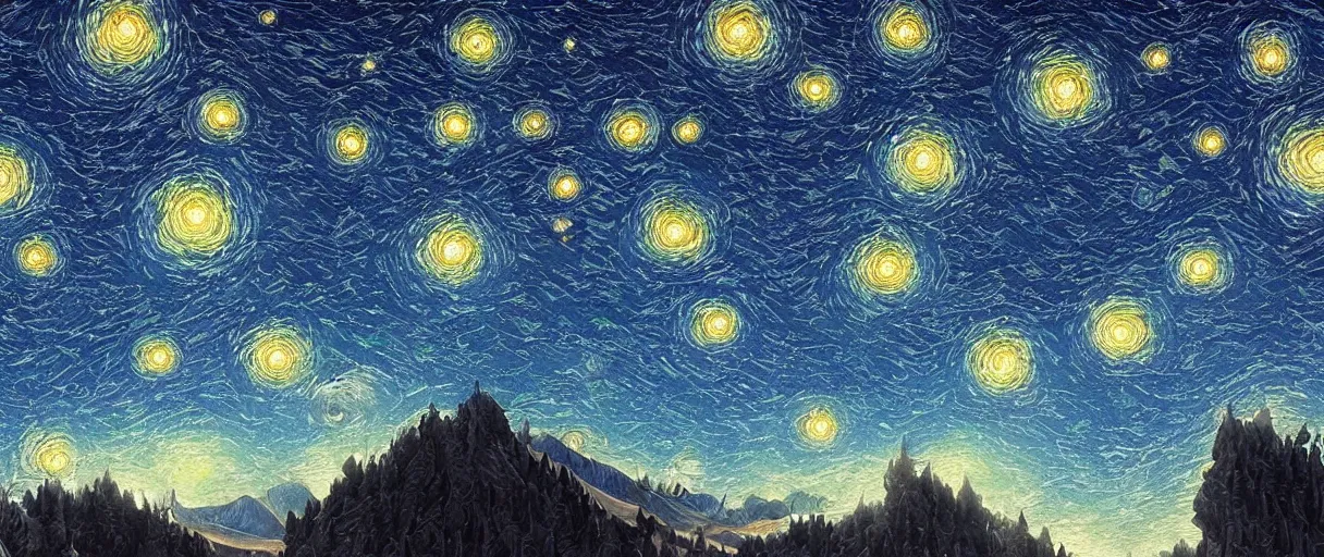 Prompt: digital painting of a ultra detailed starry night, Perseides meteor shower, ultra detailed hill top over behind a forest, large mountains in back, concept art, low angle, high detail, warm lighting, volumetric, godrays, vivid, beautiful, trending on artstation, by Jordan Grimmer, no focus, huge scene, ultra detailed trees, F11 aperture, levitating Buddhist monk dressed in yellow garment silhouette, in the style of ALBERT BIERSTADT