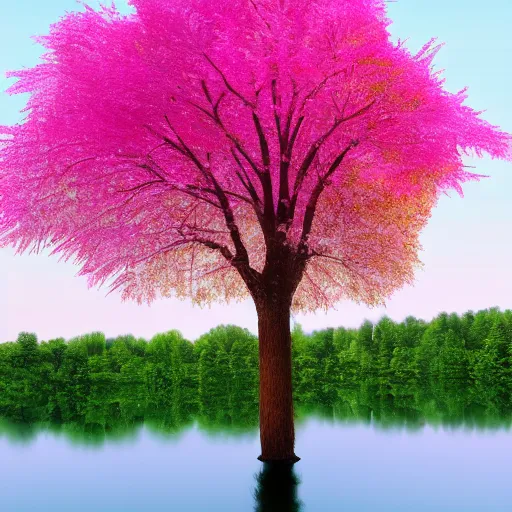 Image similar to Pink tree beside a large lake, landscape in the style of the lego movie