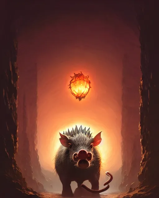 Image similar to Giant Hog scared of mouse, medium shot, fear, D&D, artstation, fantasy, magic the gathering artwork, cinematic lighting, centered, symmetrical, highly detailed, digital painting, , concept art, smooth, sharp focus, illustration, volumetric lighting, epic Composition, 8k, art by Akihiko Yoshida and Greg Rutkowski and Craig Mullins, oil painting, cgsociety