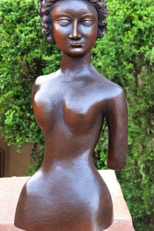 Image similar to beautiful woman as a bronze sculpture,, single head, no double head,