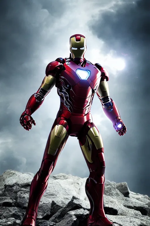 Image similar to ryan reynolds in a silver and black nano technology iron man suit, cinematic, volumetric lighting, f 8 aperture, cinematic eastman 5 3 8 4 film, photorealistic