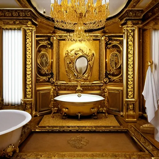 Prompt: baroque bathroom with gold toilet