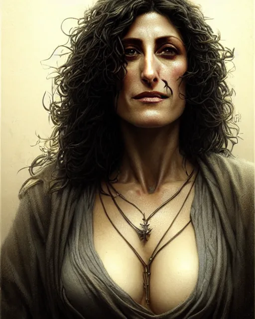 Image similar to lisa edelstein, thicc, character portrait, portrait, close up, concept art, intricate details, highly detailed by greg rutkowski, michael whelan and gustave dore