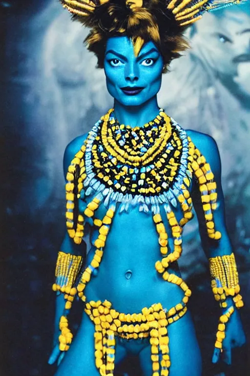 Image similar to margot robbie as a blue - skinned navi from the movie avatar wearing an elaborate beaded outfit, cosplay, photo by bruce weber