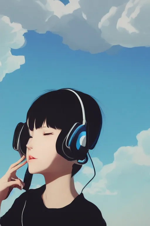 Prompt: a cute young woman listening to music with her eyes closed and wearing headphones by Ilya Kuvshinov, white bob cut hair, freckles, dark thunderclouds in the backround, blue filter, blue and white, vivid colors, soft lighting, cinematic, moody, nier automata, poster, oil on canvas, 8k